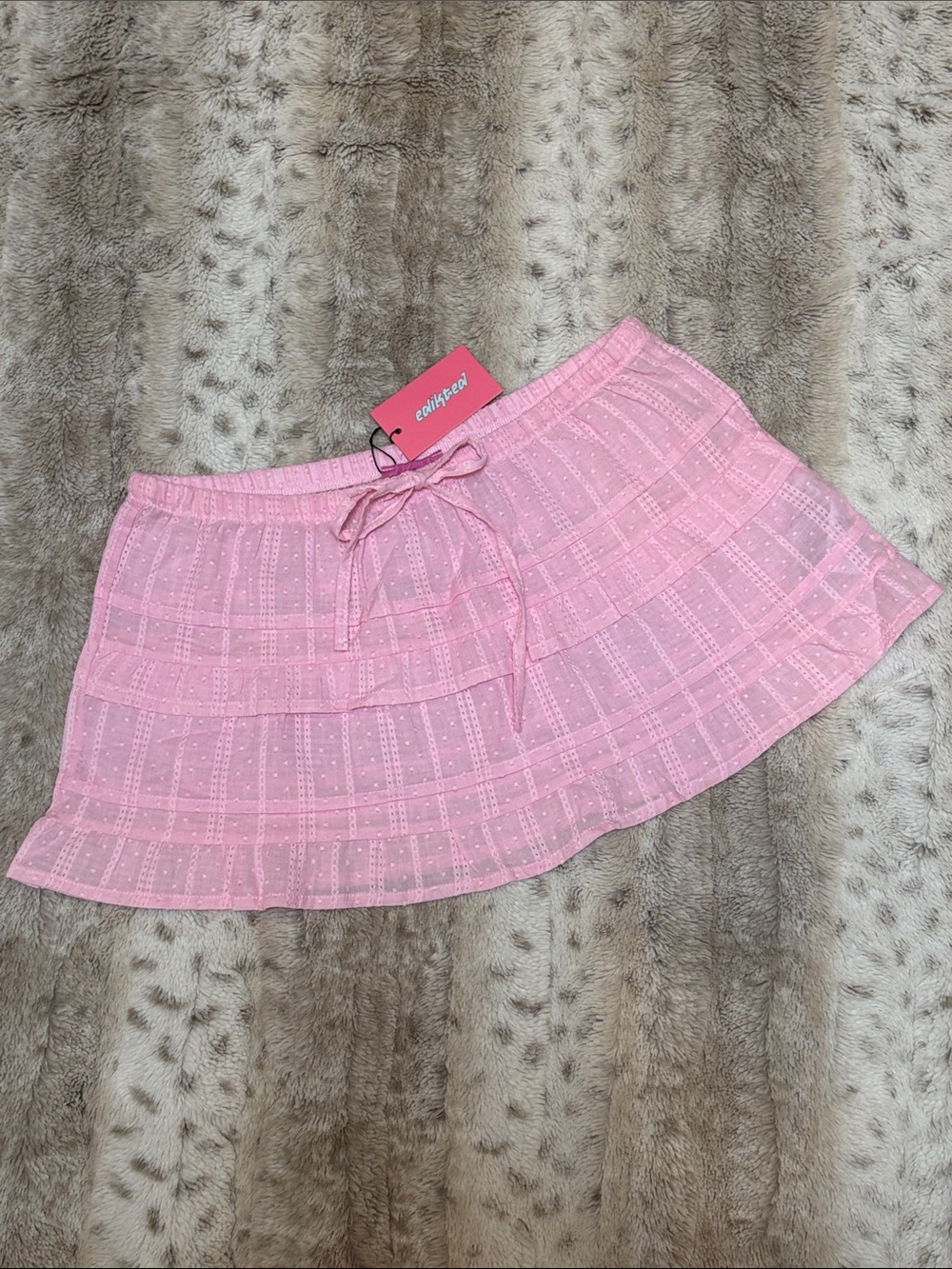 NWT Edikted Pink Embroidered Cotton Ruffle Mini Skirt, Size S